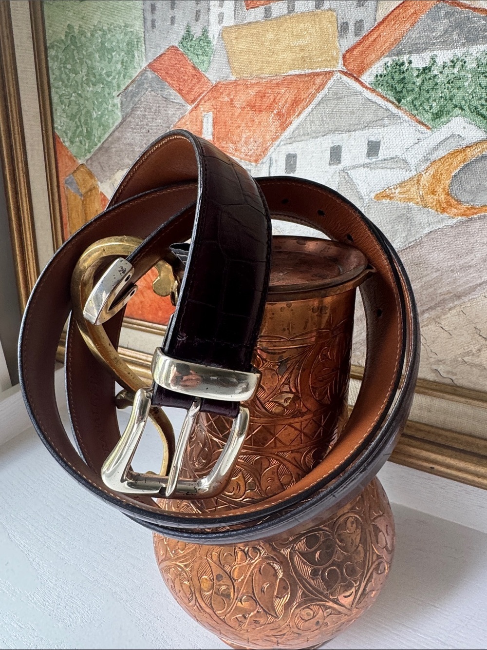 Trafalgar Dark Brown Croc-Embossed Belt with Polished Silver Buckle